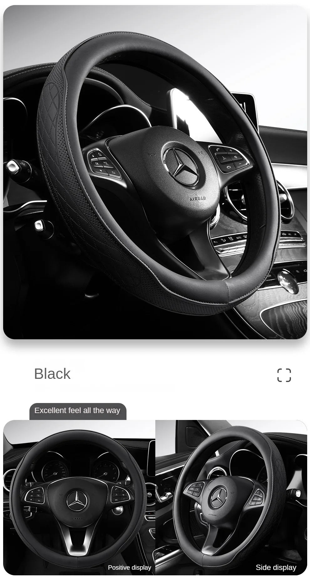 LeatherGripDrive™ Leather Perforated Patchwork Car Steering Wheel Cover, Non-slip, Breathable, Universal 15 Inch (Approx. 38cm)