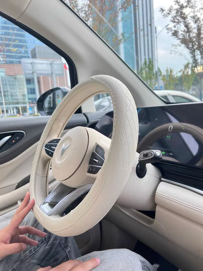 LeatherGripDrive™ Leather Perforated Patchwork Car Steering Wheel Cover, Non-slip, Breathable, Universal 15 Inch (Approx. 38cm)