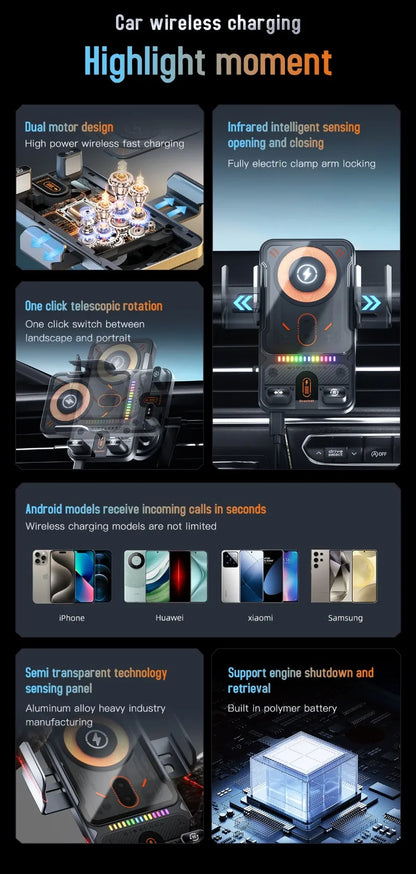 AutoRotateChargeGrip™ Auto Clamping 15W Wireless Car Charger Adapter Super Fast Charging Air Vent Phone Holder for IPhone 17 16 15 Pro Max for Samsung