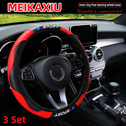 LuxurySporty™ 3PCS PU Leather Carbon Fiber Sport Car Steering Wheel Cover Handbrake Gearshift Automotive Accessories Rimless Design