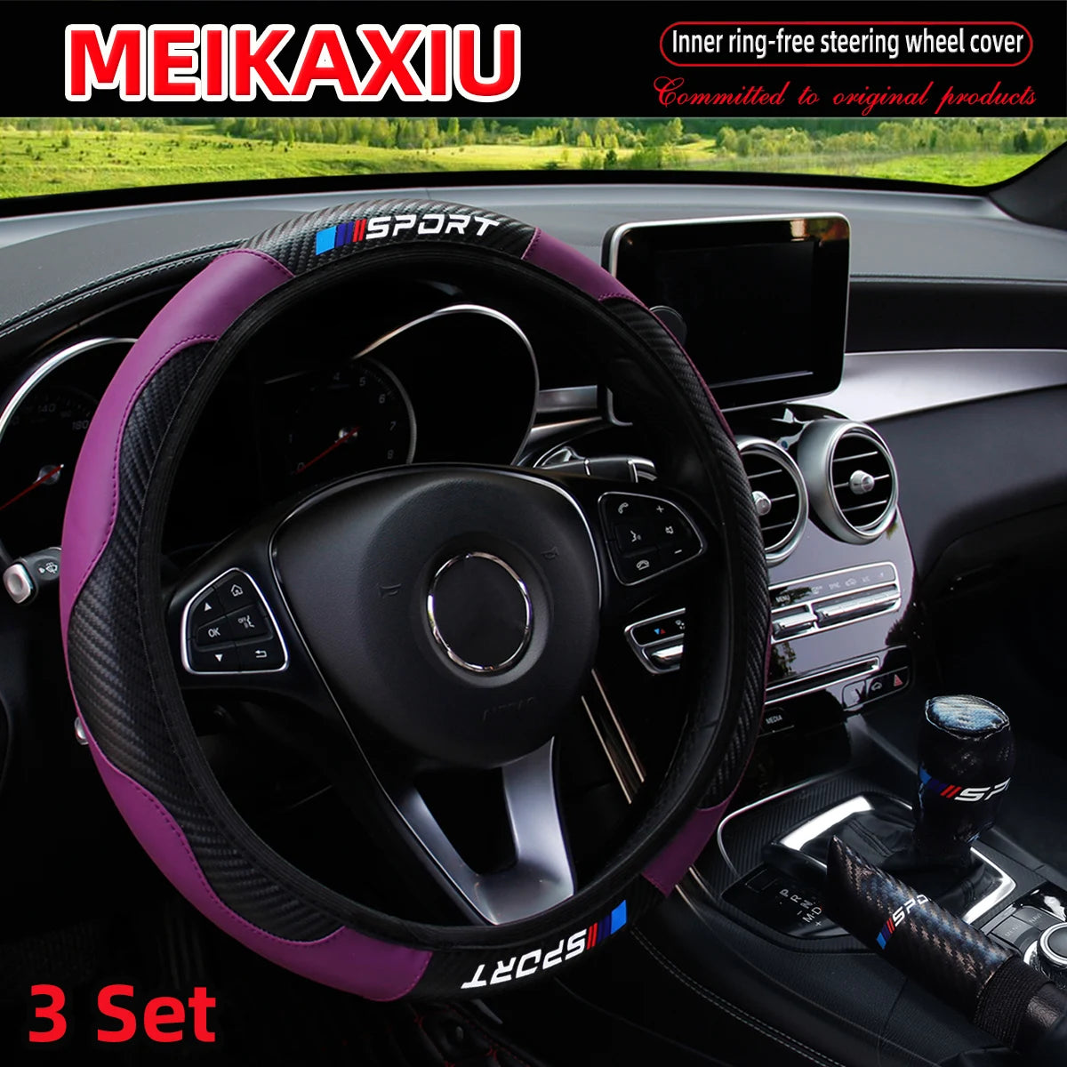 LuxurySporty™ 3PCS PU Leather Carbon Fiber Sport Car Steering Wheel Cover Handbrake Gearshift Automotive Accessories Rimless Design