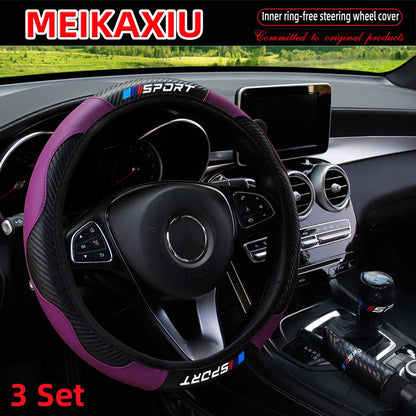 LuxurySporty™ 3PCS PU Leather Carbon Fiber Sport Car Steering Wheel Cover Handbrake Gearshift Automotive Accessories Rimless Design