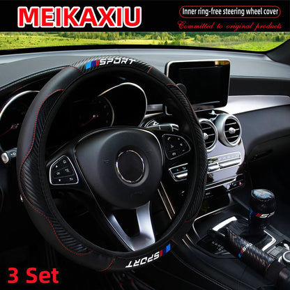 LuxurySporty™ 3PCS PU Leather Carbon Fiber Sport Car Steering Wheel Cover Handbrake Gearshift Automotive Accessories Rimless Design