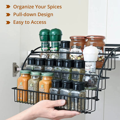 SpiceSlide™️  Pull-Out Spice Organizer, Metal Kitchen Cabinet Storage Rack, Space-Saving 3-Tier Shelf for Condiments & Jars
