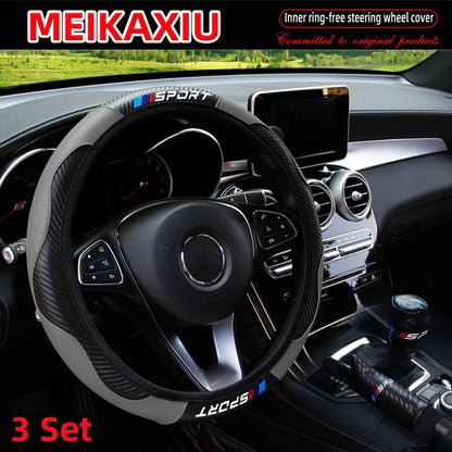 LuxurySporty™ 3PCS PU Leather Carbon Fiber Sport Car Steering Wheel Cover Handbrake Gearshift Automotive Accessories Rimless Design