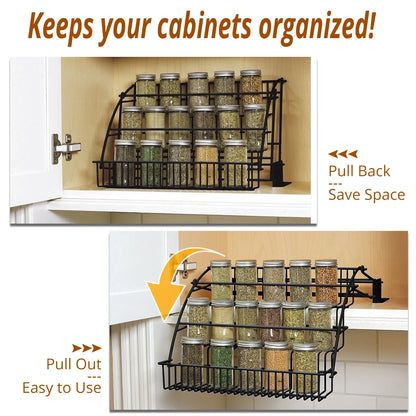 SpiceSlide™️  Pull-Out Spice Organizer, Metal Kitchen Cabinet Storage Rack, Space-Saving 3-Tier Shelf for Condiments & Jars