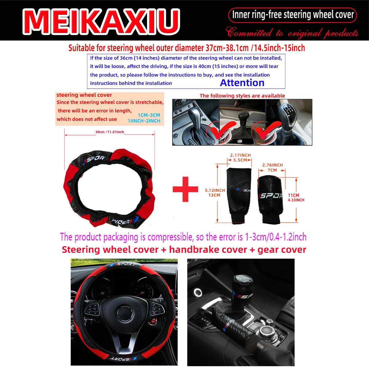 LuxurySporty™ 3PCS PU Leather Carbon Fiber Sport Car Steering Wheel Cover Handbrake Gearshift Automotive Accessories Rimless Design