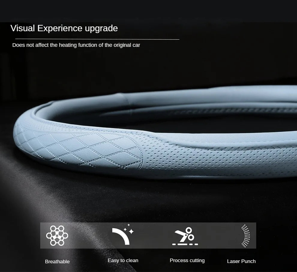 LeatherGripDrive™ Leather Perforated Patchwork Car Steering Wheel Cover, Non-slip, Breathable, Universal 15 Inch (Approx. 38cm)