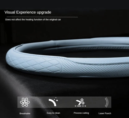 LeatherGripDrive™ Leather Perforated Patchwork Car Steering Wheel Cover, Non-slip, Breathable, Universal 15 Inch (Approx. 38cm)