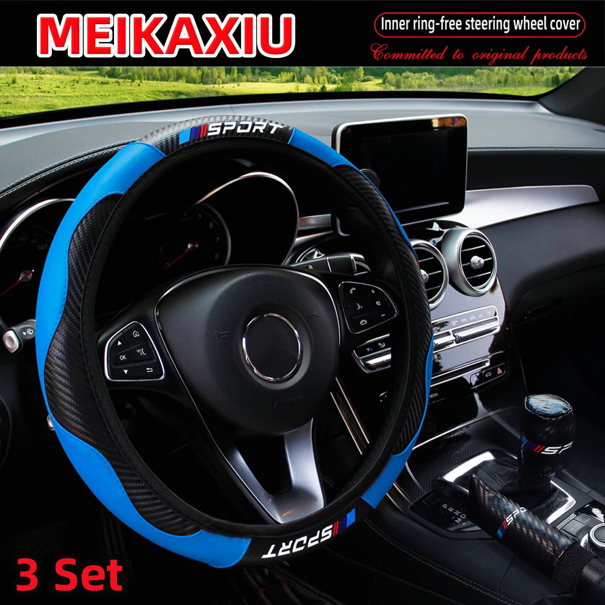 LuxurySporty™ 3PCS PU Leather Carbon Fiber Sport Car Steering Wheel Cover Handbrake Gearshift Automotive Accessories Rimless Design