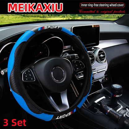 LuxurySporty™ 3PCS PU Leather Carbon Fiber Sport Car Steering Wheel Cover Handbrake Gearshift Automotive Accessories Rimless Design