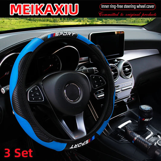 LuxurySporty™ 3PCS PU Leather Carbon Fiber Sport Car Steering Wheel Cover Handbrake Gearshift Automotive Accessories Rimless Design