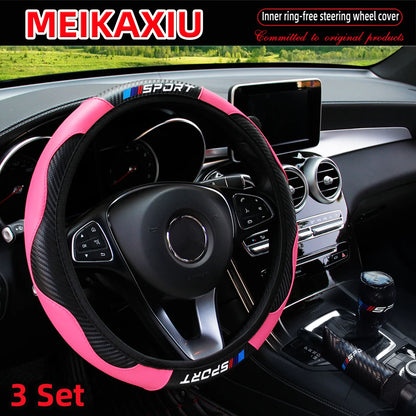LuxurySporty™ 3PCS PU Leather Carbon Fiber Sport Car Steering Wheel Cover Handbrake Gearshift Automotive Accessories Rimless Design