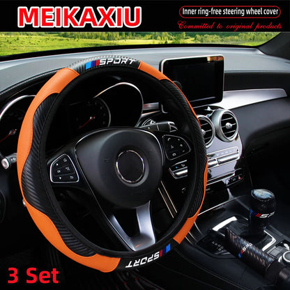LuxurySporty™ 3PCS PU Leather Carbon Fiber Sport Car Steering Wheel Cover Handbrake Gearshift Automotive Accessories Rimless Design