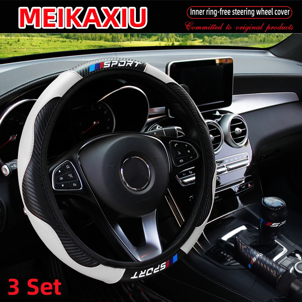 LuxurySporty™ 3PCS PU Leather Carbon Fiber Sport Car Steering Wheel Cover Handbrake Gearshift Automotive Accessories Rimless Design