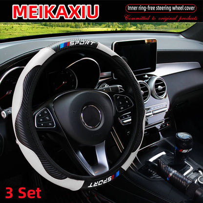 LuxurySporty™ 3PCS PU Leather Carbon Fiber Sport Car Steering Wheel Cover Handbrake Gearshift Automotive Accessories Rimless Design
