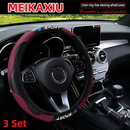 LuxurySporty™ 3PCS PU Leather Carbon Fiber Sport Car Steering Wheel Cover Handbrake Gearshift Automotive Accessories Rimless Design