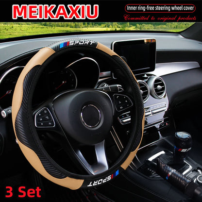 LuxurySporty™ 3PCS PU Leather Carbon Fiber Sport Car Steering Wheel Cover Handbrake Gearshift Automotive Accessories Rimless Design