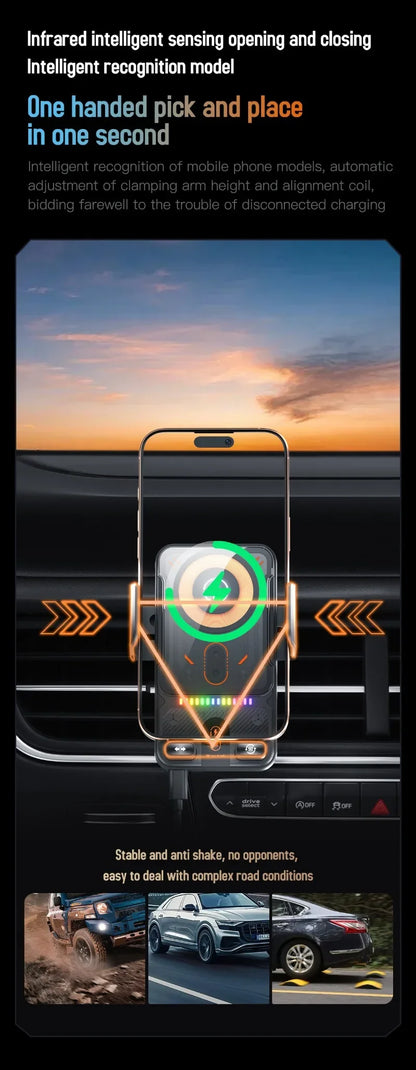 AutoRotateChargeGrip™ Auto Clamping 15W Wireless Car Charger Adapter Super Fast Charging Air Vent Phone Holder for IPhone 17 16 15 Pro Max for Samsung