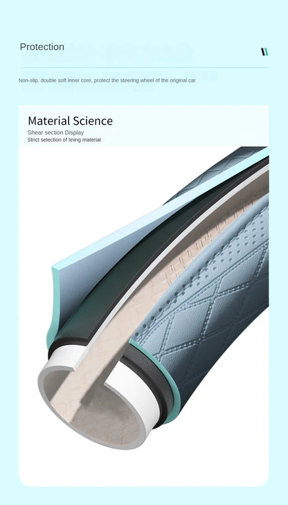 LeatherGripDrive™ Leather Perforated Patchwork Car Steering Wheel Cover, Non-slip, Breathable, Universal 15 Inch (Approx. 38cm)