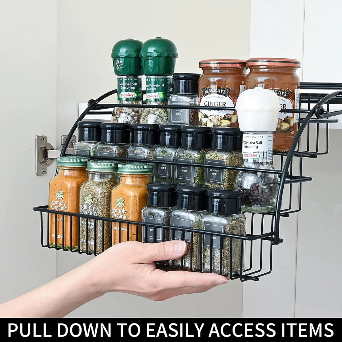 SpiceSlide™️  Pull-Out Spice Organizer, Metal Kitchen Cabinet Storage Rack, Space-Saving 3-Tier Shelf for Condiments & Jars