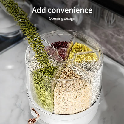 Storeza™️  6-Compartment 360° Rotating Airtight Food Storage Container - Moisture-Proof for Cereal, Candy, Rice - Kitchen Pantry Organizer
