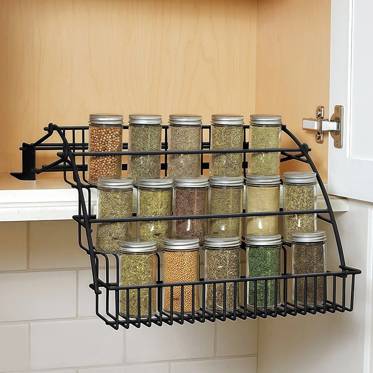 SpiceSlide™️  Pull-Out Spice Organizer, Metal Kitchen Cabinet Storage Rack, Space-Saving 3-Tier Shelf for Condiments & Jars