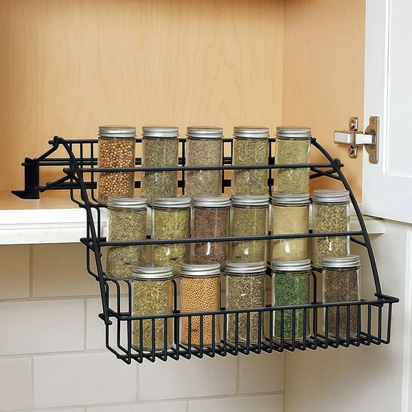 SpiceSlide™️  Pull-Out Spice Organizer, Metal Kitchen Cabinet Storage Rack, Space-Saving 3-Tier Shelf for Condiments & Jars