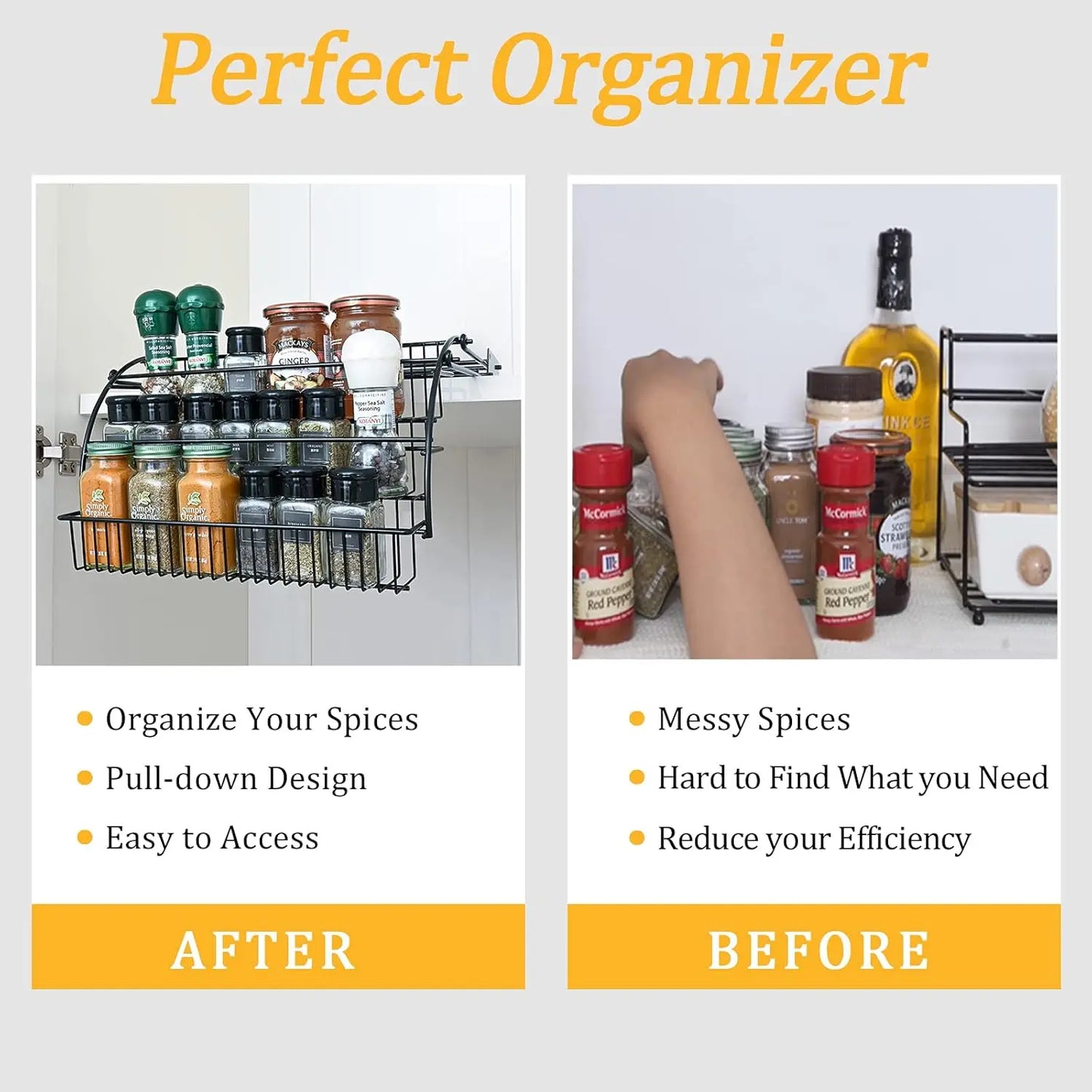 SpiceSlide™️  Pull-Out Spice Organizer, Metal Kitchen Cabinet Storage Rack, Space-Saving 3-Tier Shelf for Condiments & Jars