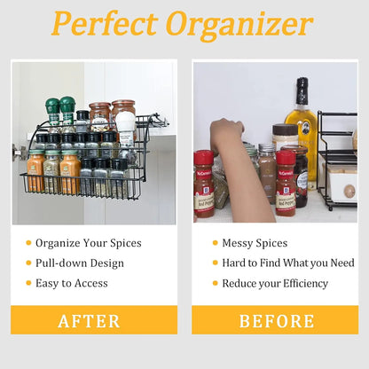 SpiceSlide™️  Pull-Out Spice Organizer, Metal Kitchen Cabinet Storage Rack, Space-Saving 3-Tier Shelf for Condiments & Jars