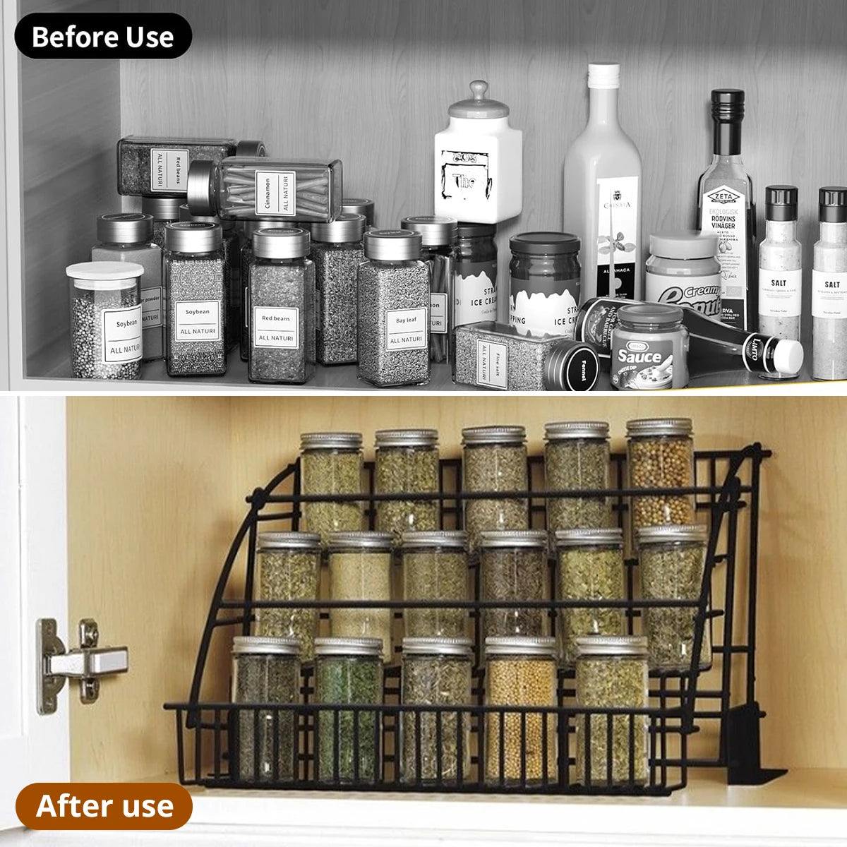 SpiceSlide™️  Pull-Out Spice Organizer, Metal Kitchen Cabinet Storage Rack, Space-Saving 3-Tier Shelf for Condiments & Jars