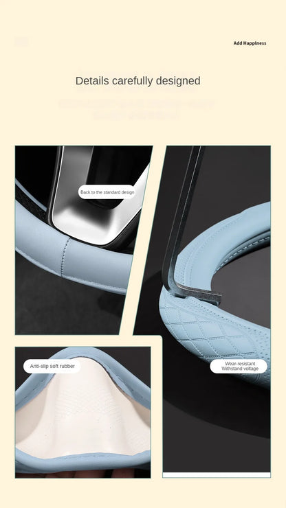 LeatherGripDrive™ Leather Perforated Patchwork Car Steering Wheel Cover, Non-slip, Breathable, Universal 15 Inch (Approx. 38cm)