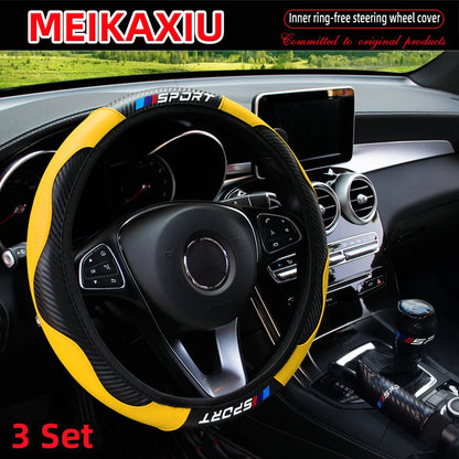 LuxurySporty™ 3PCS PU Leather Carbon Fiber Sport Car Steering Wheel Cover Handbrake Gearshift Automotive Accessories Rimless Design