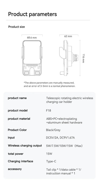 AutoRotateChargeGrip™ Auto Clamping 15W Wireless Car Charger Adapter Super Fast Charging Air Vent Phone Holder for IPhone 17 16 15 Pro Max for Samsung
